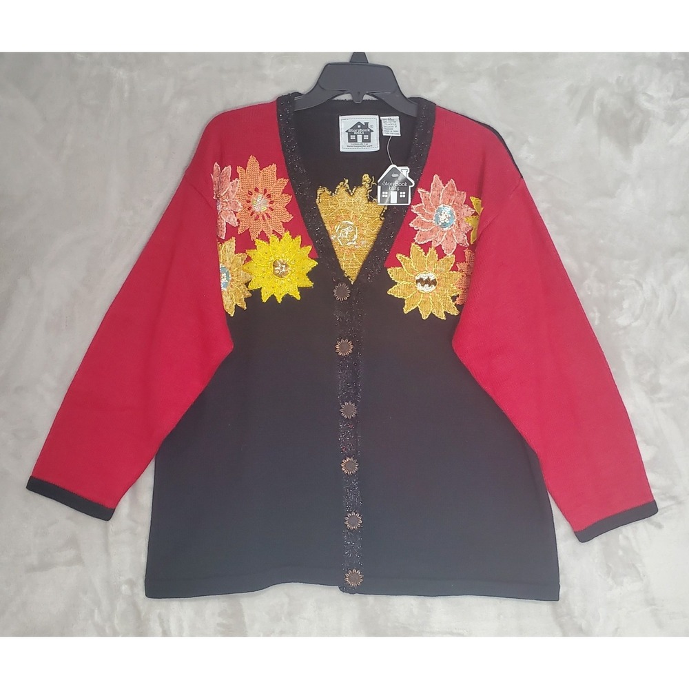 Vtg Storybook Knits Sweater Women's 2XL Sunflowers Floral Cardigan Red Black NWT